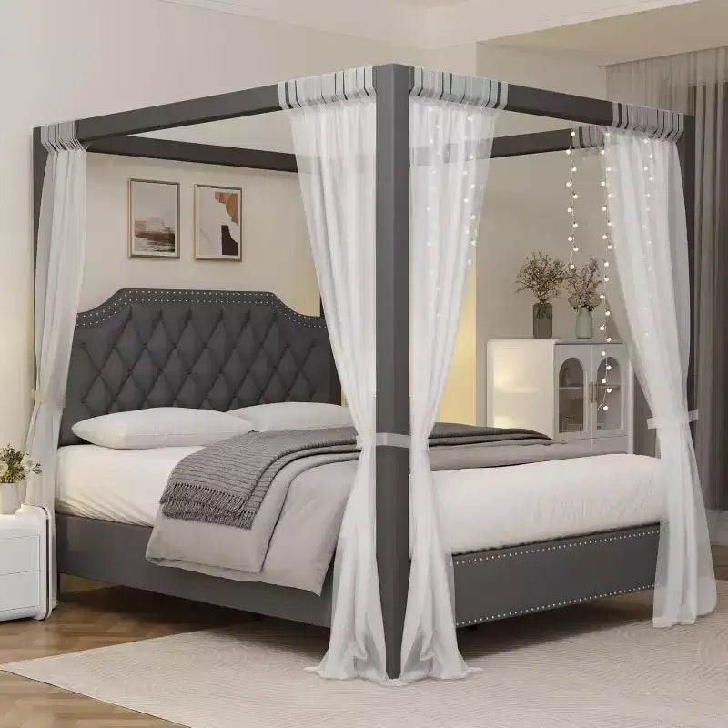 Queen-Size-Himmelbettgestell mit Pfosten, 4-Ecken-Betthalterungen, Lattenrost aus Massivholz, keine Bettfeder erforderlich, geräuschlos