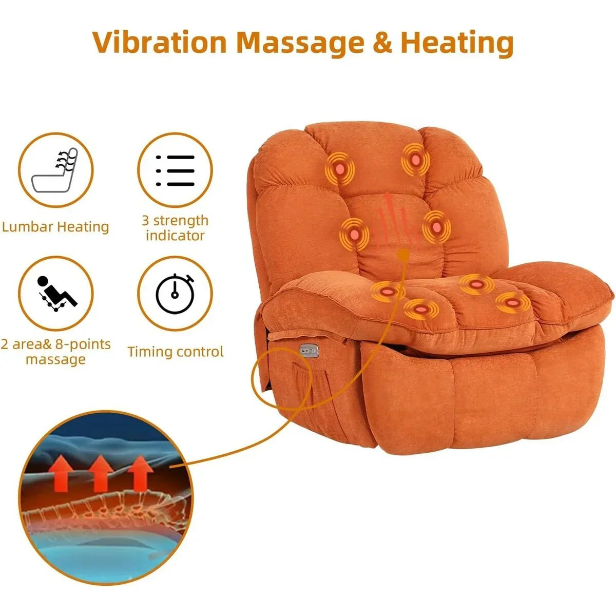 XINMICS draaibare elektrische relaxstoel, massagestoel met schommelstand, verwarming, USB, USB-C en zijvak