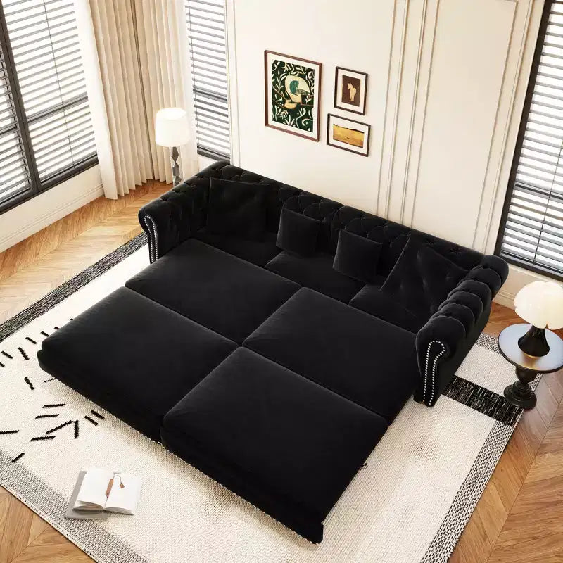 Whisen Samt-Schlafsofa in King-Size mit Ausziehfunktion und 3-in-1-Funktion, wandelbares Schlafsofa mit beweglichem Hocker und Steppdesign