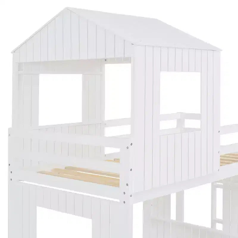 Luxystar Twin Over Full Wood Bunk Bed with Playhouse, Slide and Guardrails