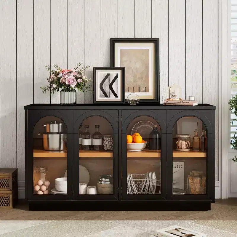 Grande buffet contenitore a 4 ante con ante in vetro, mobile ad arco con ripiani regolabili per la cucina