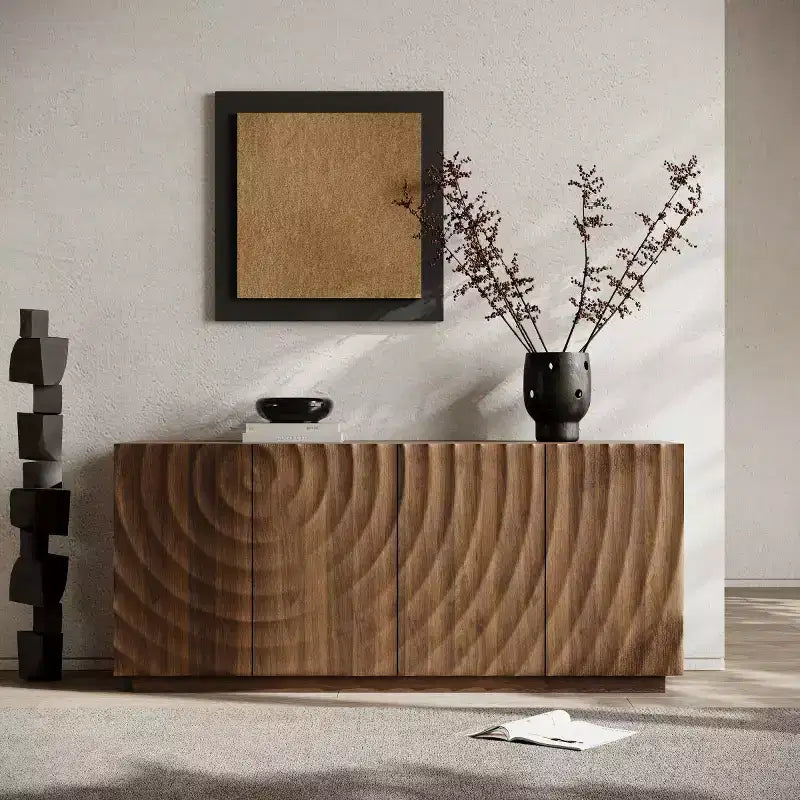 59 moderner Spiralen-Sideboard-Schrank, niedriges dekoratives Aufbewahrungsmöbel für den Eingangsbereich mit Türen in 3D-Wellenoptik