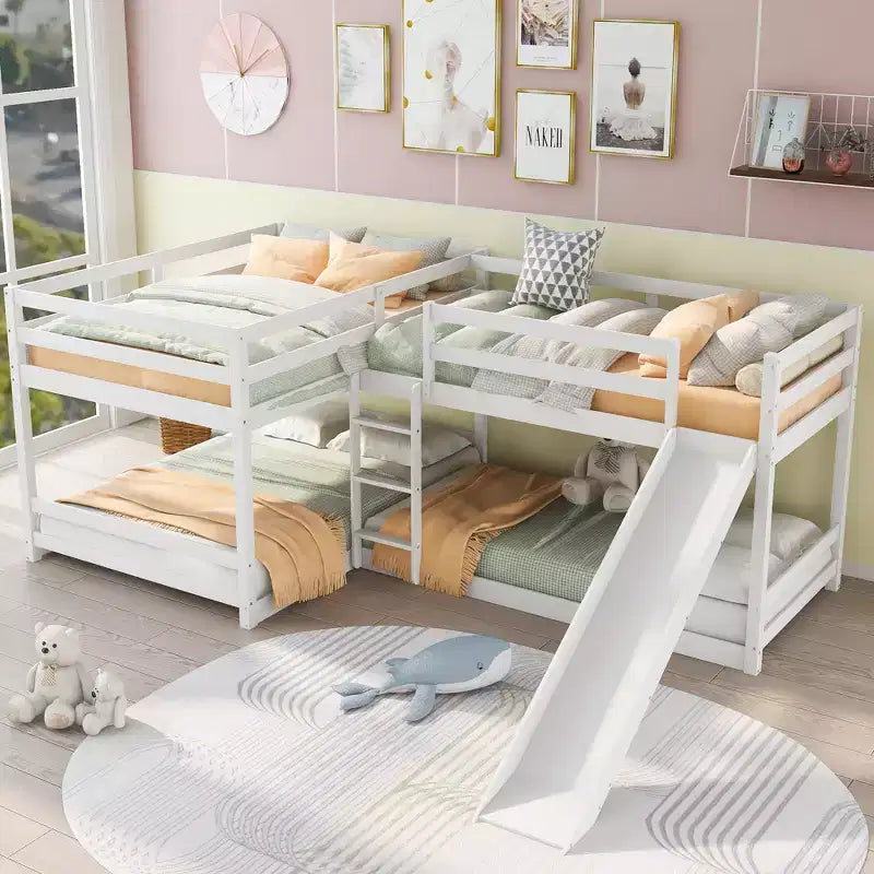 L-vormig stapelbed voor 4 kinderen, vierpersoons stapelbed met glijbaan, houten stapelbedframe met full- en twinbed voor slaapkamer of slaapzaal