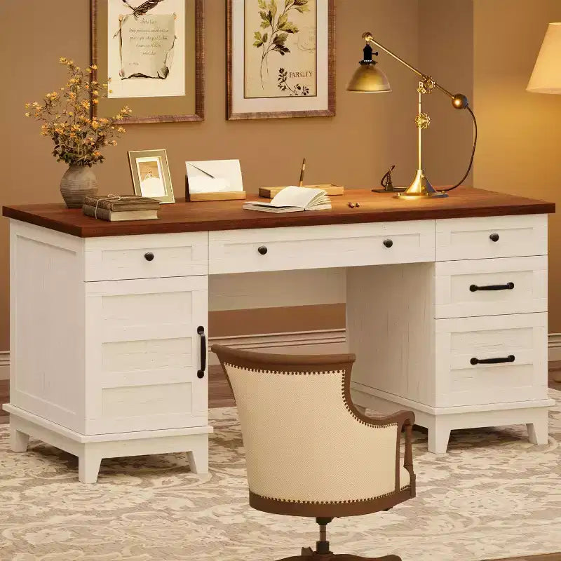 Bureau de direction de 60 po avec tiroirs, bureau à domicile avec station de recharge, bureau d’ordinateur et d’écriture en bois pour étude, table de conférence pour salon