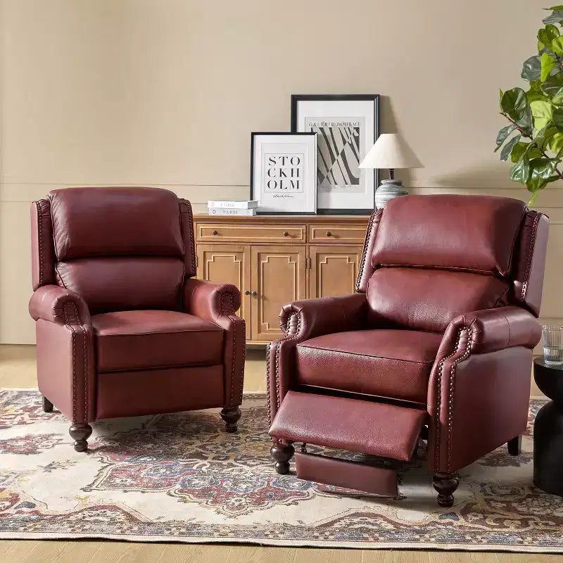 Set aus 2 modernen Elisabete-Sesseln mit hoher Rückenlehne aus echtem Leder und Vintage-Nagelkopfbesatz für Wohnzimmer und Schlafzimmer| ART OF LIVING DESIGNS