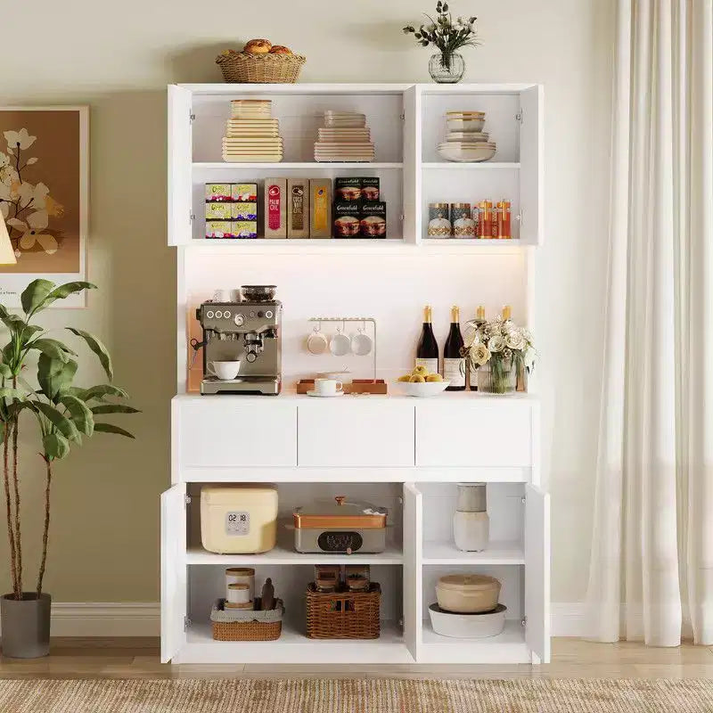 71 inch Kitchen Pantry Cabinet, Hutch Storage with Led Lights and Power Outlets, Buffet Cabinet with Microwave Stand, Adjustable Shelves