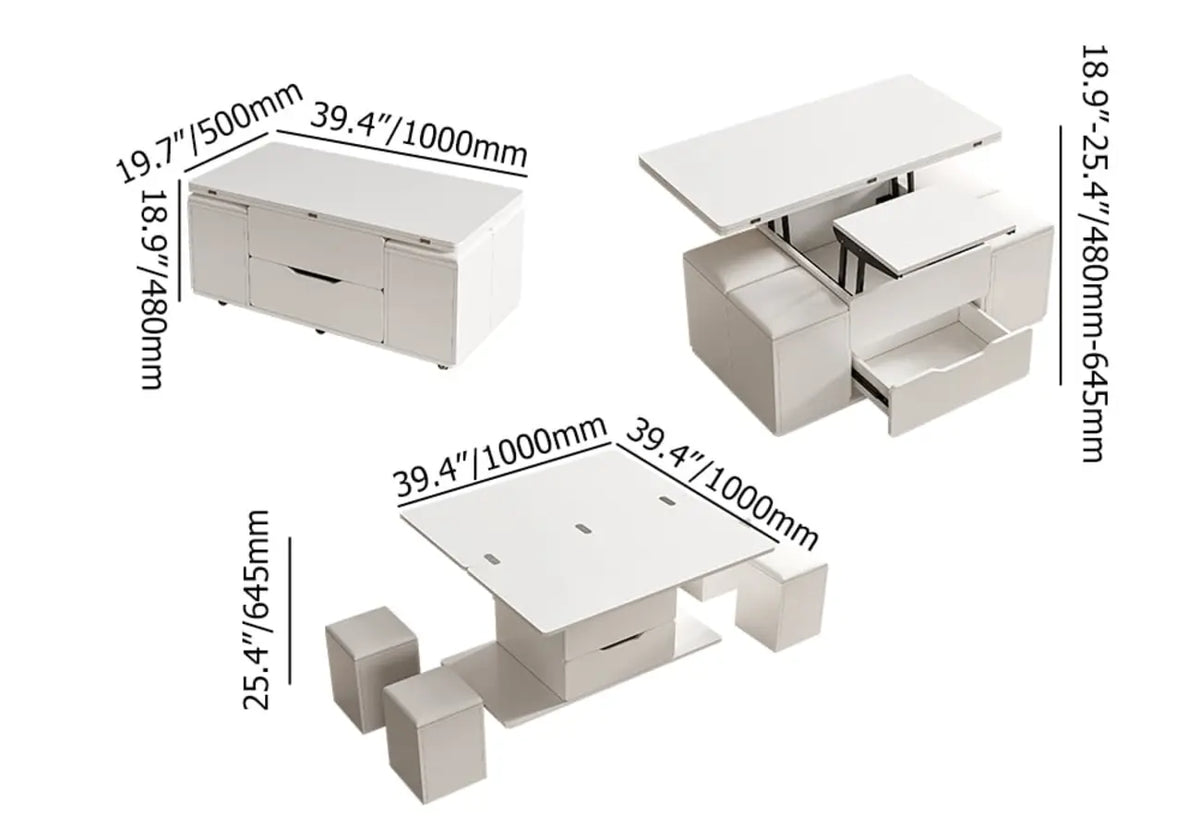 Klappbarer Couchtisch mit Hubfunktion, 4 Hockern und Stauraum