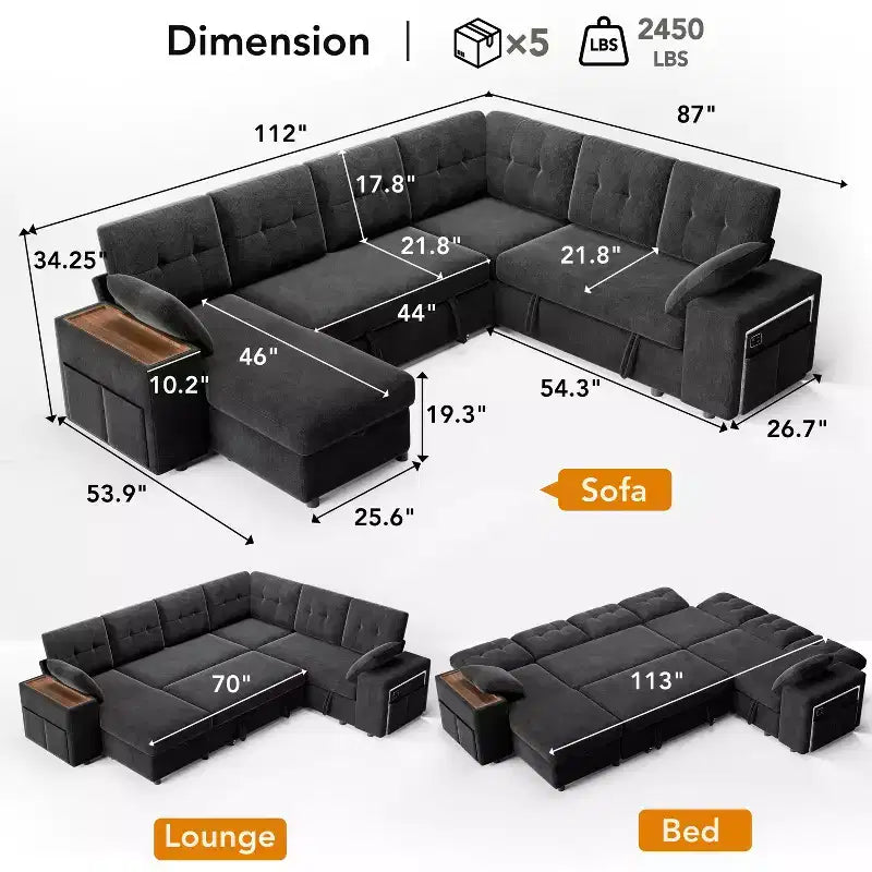 Dyonery 112 Modular Sectional Sleeper Sofa with Pull Out Bed,U-Shaped Sectional Couch with Storage,Extra Wide & Deep Seat Couches for Living Room