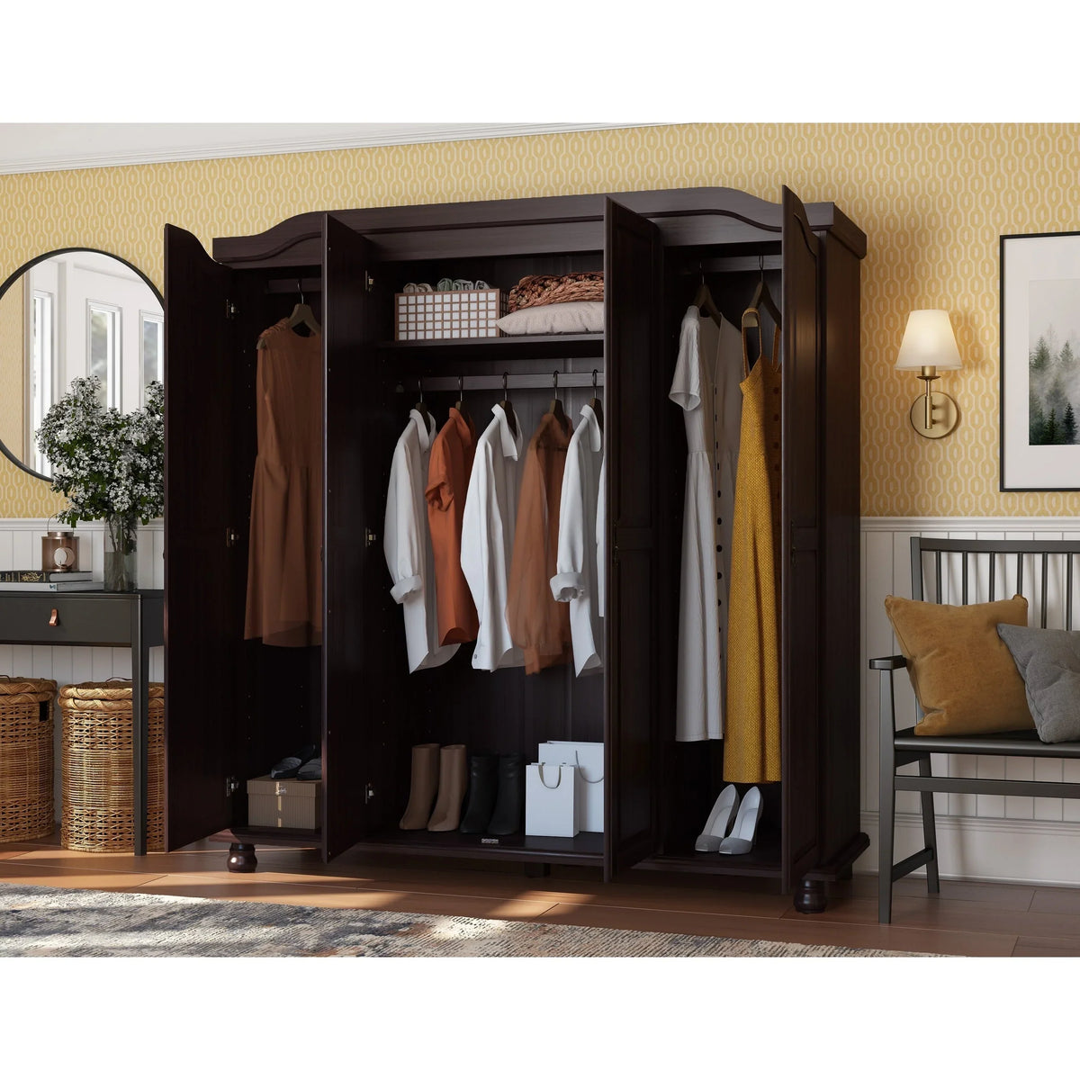 Palace Imports Kyle 4-türiger Kleiderschrank aus 100 % Massivholz mit Türen aus Massivholz oder Spiegelglas