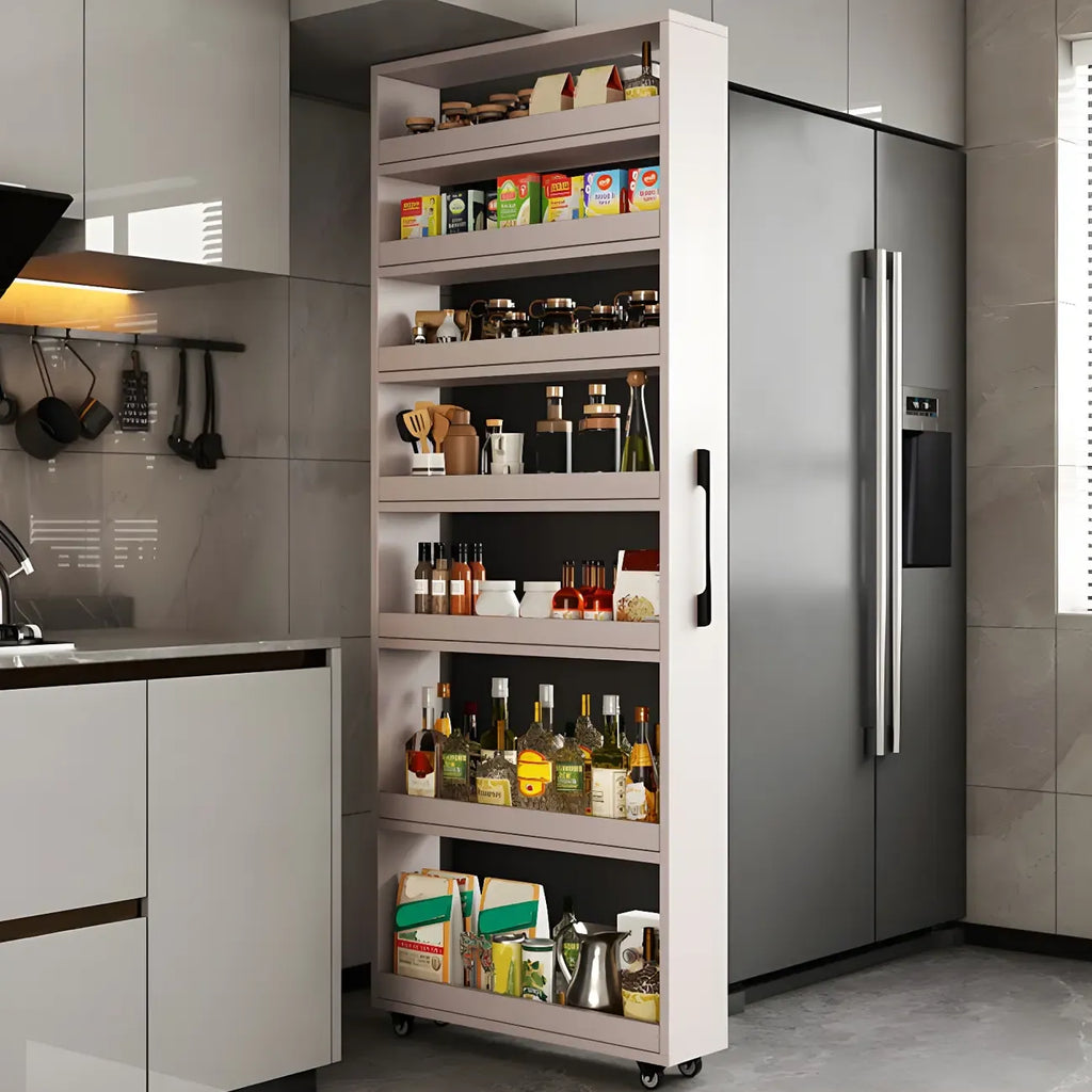 Buffet moderne en bois avec étagères ouvertes et roulettes
