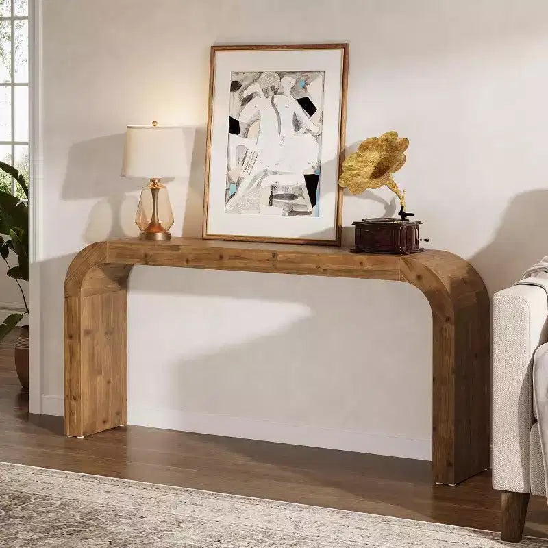 Lantine 70,87-Zoll-Konsolentisch aus Massivholz, Landhaus-Sofatisch mit abgerundeten Ecken für Flur, Wohnzimmer oder hinter dem Sofa, Naturholz