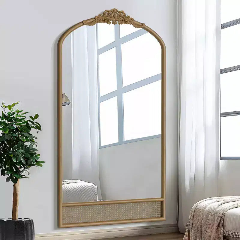 37 in. W x 71 in. H Classic Carved Arch Wood Frame with Rattan Bottom Wall Mirror in Brown