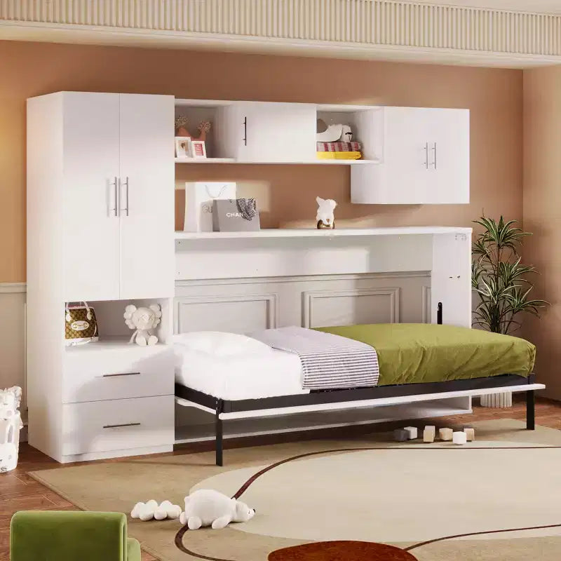 Lit escamotable mural une place, cadre en bois avec armoire intégrée, tiroirs de rangement et étagères ouvertes, blanc -ModernLuxe