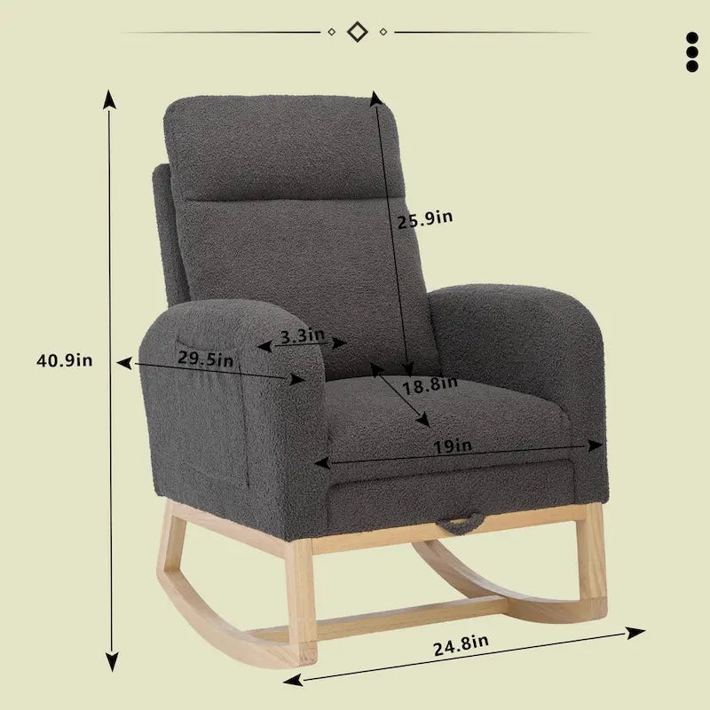 Moderne gestoffeerde schommelstoel met hoge rugleuning van 75 cm, poten van massief hout en verstelbare voetensteun