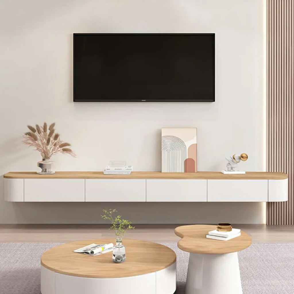 Meuble TV suspendu contemporain, long et blanc, en bois, avec tiroirs