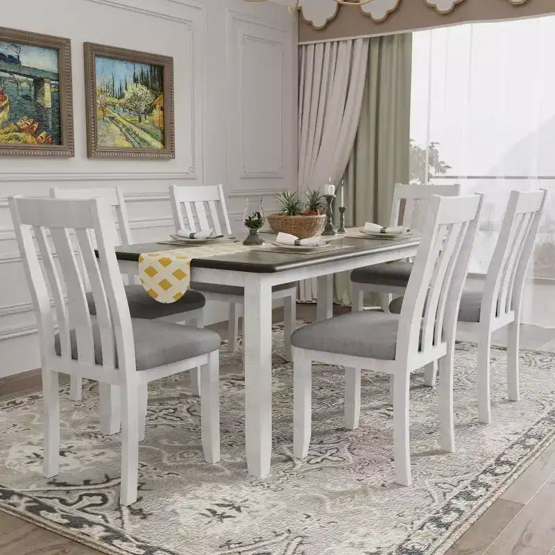 Farmhouse Extendable Dining Table Set for 6, Rectangular Table and 6 Upholstered Chairs