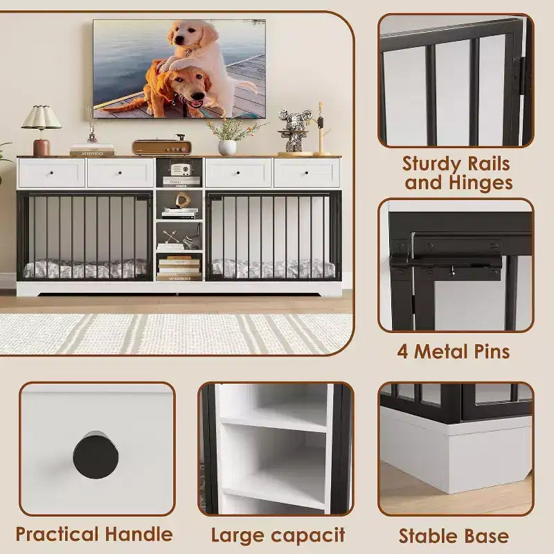 82 Double Dog Crate Furniture, Large Dog Kennel Indoor for 2 Dogs, Heavy Duty Wooden Dog Crate TV Stand with 4 Drawers and Shelves