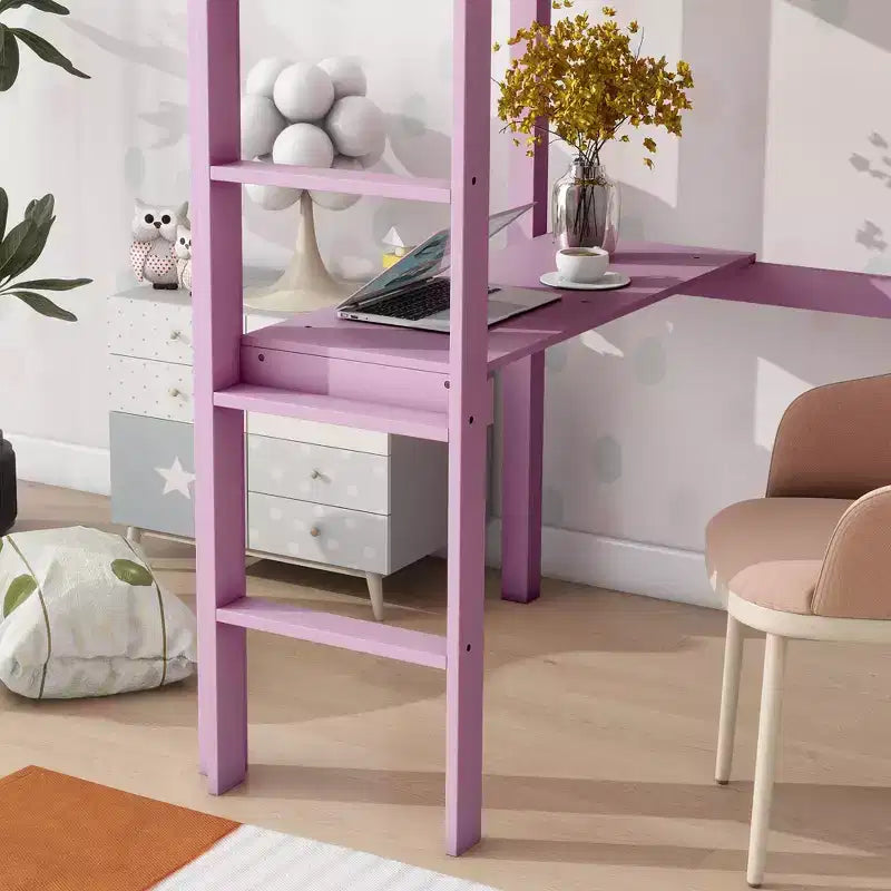 Okak Minimalism Loft Bed with Ladder, Rubber Wood Twin Loft Bed with Safety Guardrail and Build-In Desk, Bed Frames for Kids, Teenagers
