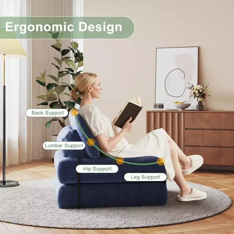 Canapé-lit futon pliant en velours côtelé, fauteuil convertible au sol avec coussin et soutien dorsal, format double