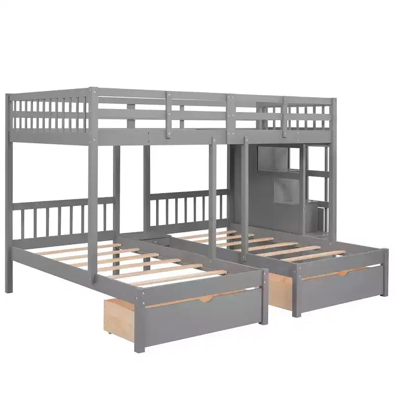 Whisen Full Over Twin & Twin Bunk Bed, Wood Triple Bunk Bed with Drawers and Guardrails