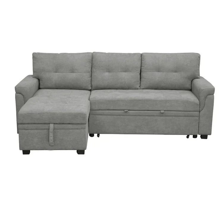 Divano componibile reversibile trasformabile con letto estraibile, chaise longue con contenitore nascosto e gambe resistenti