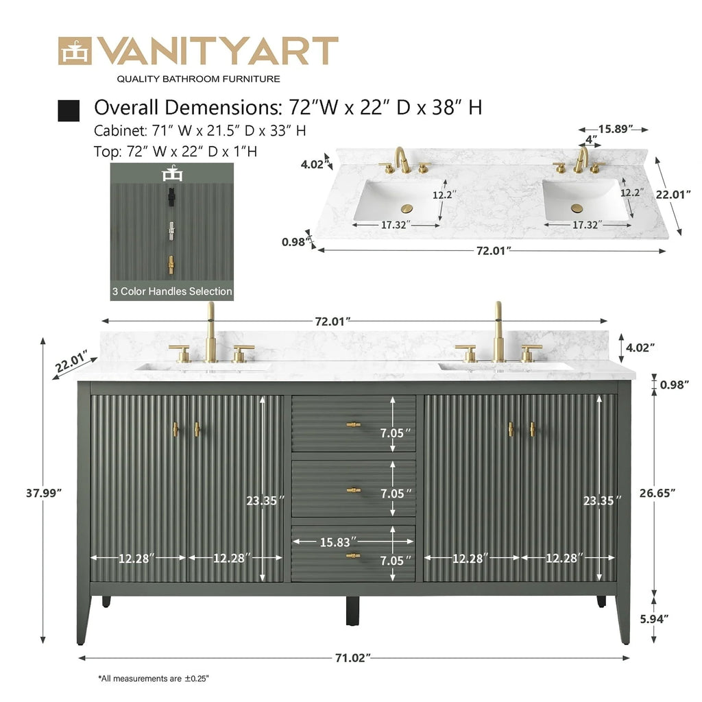 Vanity Art 72 badkamermeubel met dubbele wastafel en blad van composietmarmer