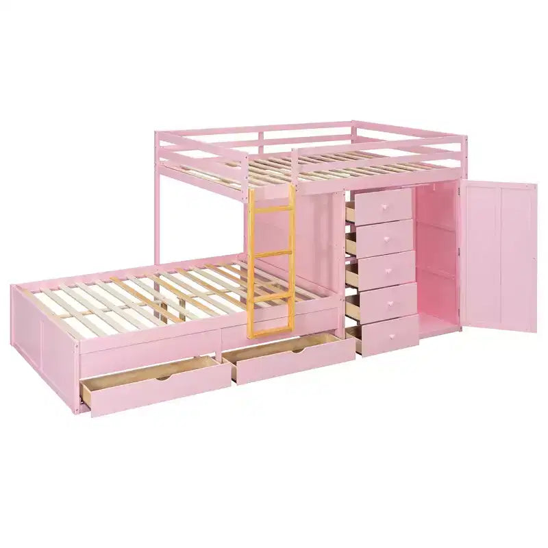 Full over Full Bunk Bed with Storage Wardrobe and Drawers, Full Size Wood Space-Saving Bunk Bed with Guardrail for Apartment, Bedroom