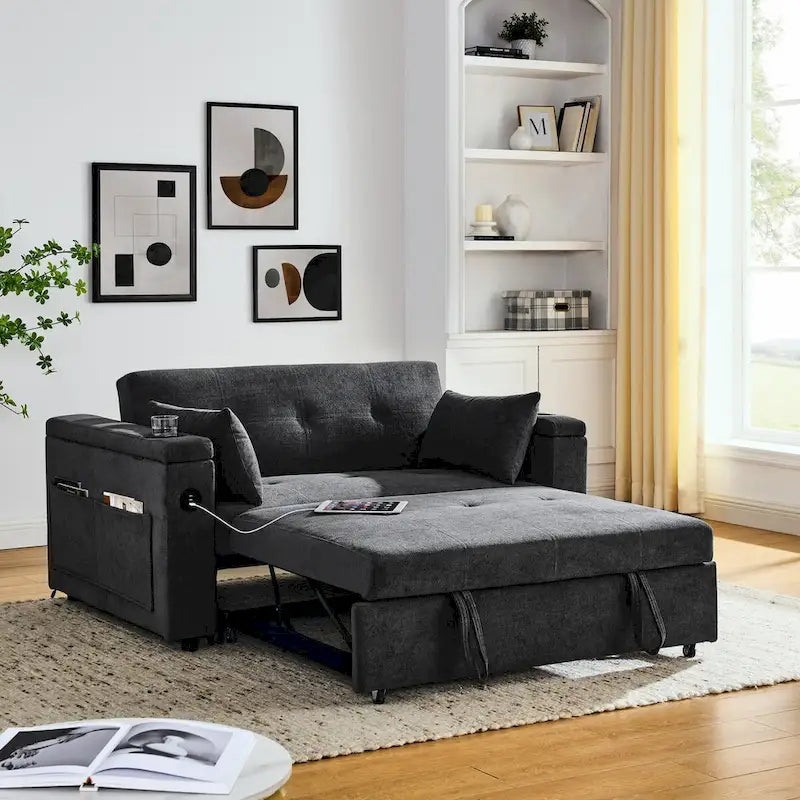 Sofa rozkładana 54, 2-osobowa sofa z funkcją spania i rozkładanymi fotelami, schowkiem, poduszką lędźwiową i gniazdem USB
