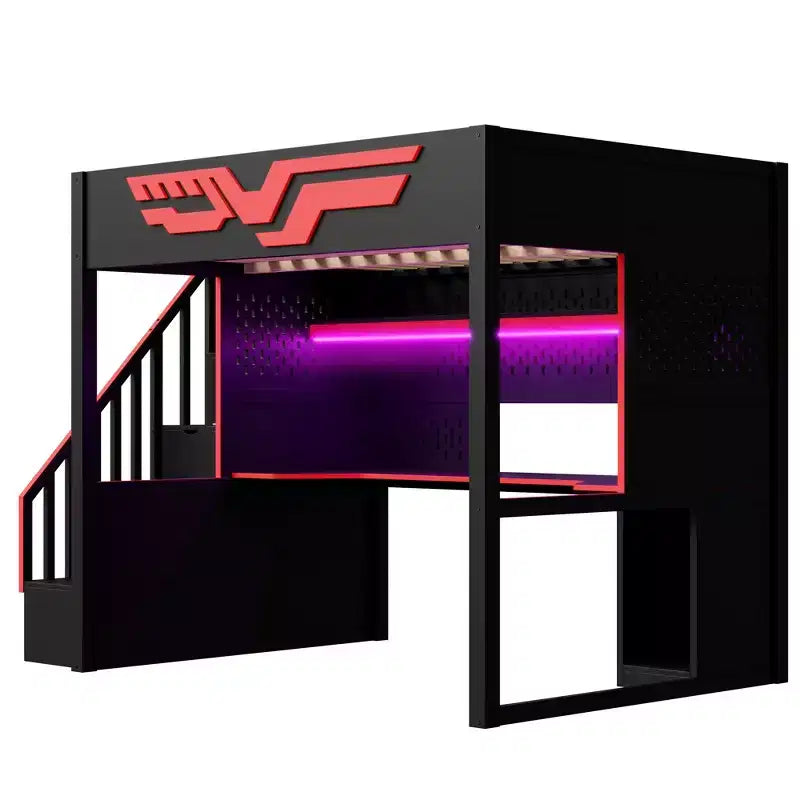 Gaming-Hochbett in Full-Größe mit Schreibtisch und LED-Beleuchtung, hölzernes Hochbett mit Treppe, Stauraumtreppe und USB-Anschluss, Rot+Schwarz