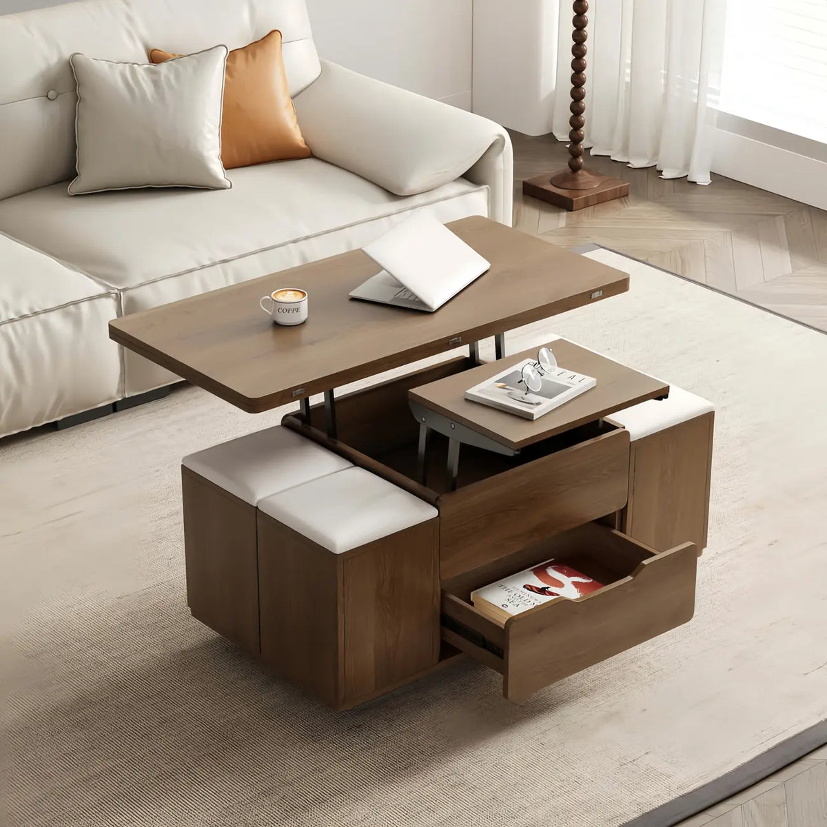 Klappbarer Couchtisch mit Hubfunktion, 4 Hockern und Stauraum