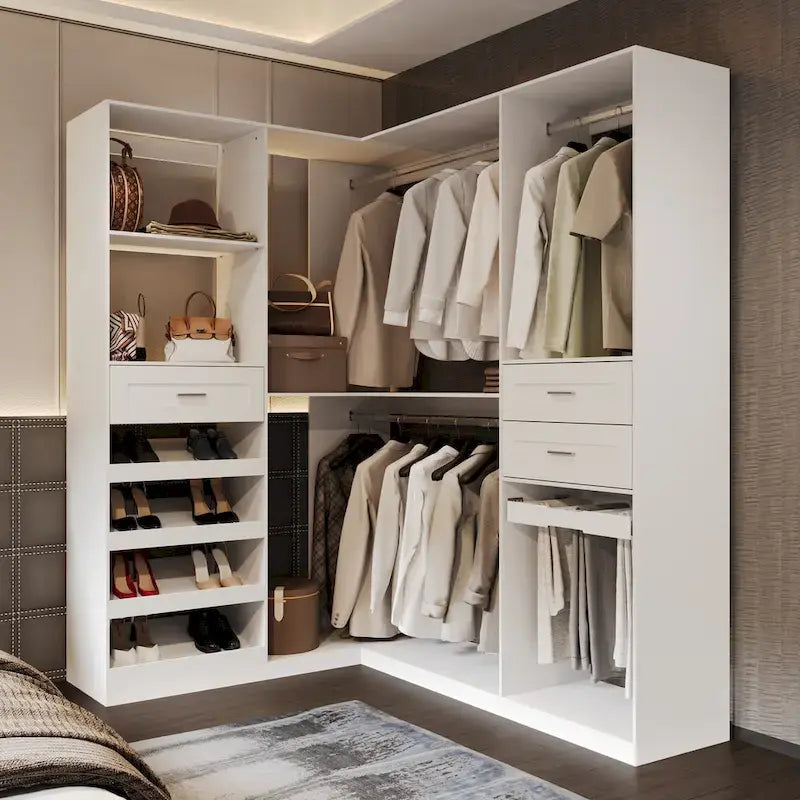 Penderie d'angle avec 2 tringles, porte-pantalons et organisateur de rangement pour chaussures