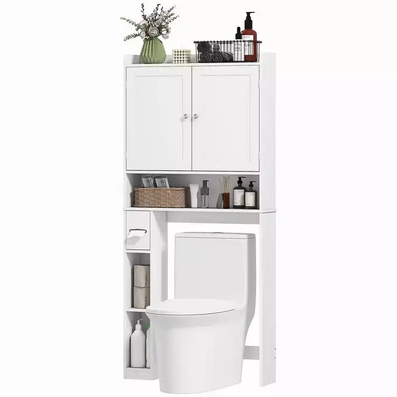 HOMCOM Over the Toilet Storage Cabinet, Modern Above Toilet Bathroom Organizer with 2 Doors, Toilet Paper Holder, Freestanding Space Saver