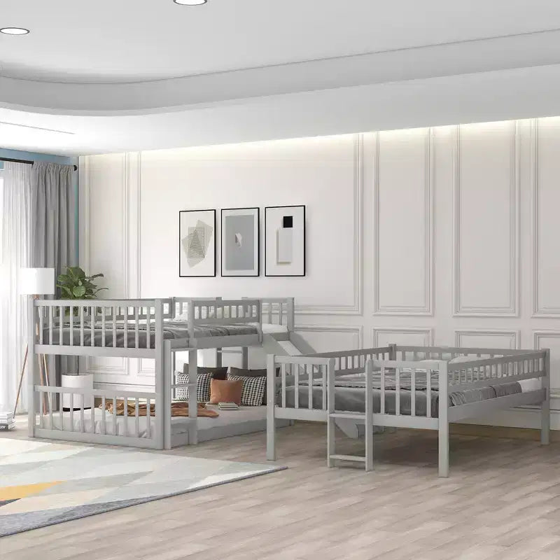 Stapelbed voor drie personen, full-over-full, met ombouwbare ladder en glijbaan, driepersoonsbed met valbeveiliging, wit/grijs/espresso - ModernLuxe