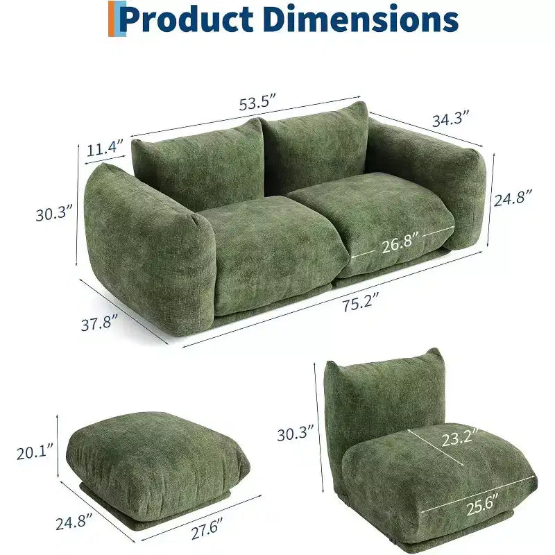 Canapé modulaire 2 places en tissu chenille, canapé nuage avec éponge haute résilience, sans accoudoirs pour petits espaces