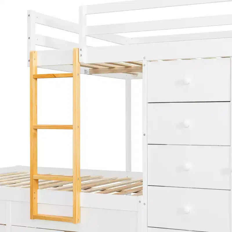 Full over Full Bunk Bed with Storage Wardrobe and Drawers, Full Size Wood Space-Saving Bunk Bed with Guardrail for Apartment, Bedroom