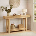 Console en bois cannelé de style champêtre à 2 niveaux avec rangement sur étagère, table d’entrée rectangulaire étroite à placer derrière un canapé pour vestibule, couloir ou salon