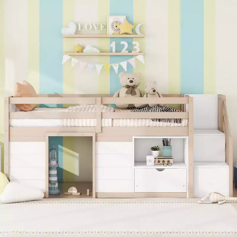 Okak Solid Wood Twin Loft Bed with Stairs & Storage,Low Profile Bunk Beds Twin with Drawers & Shelves,Multi-Functional Loft Beds for Kids,Teens