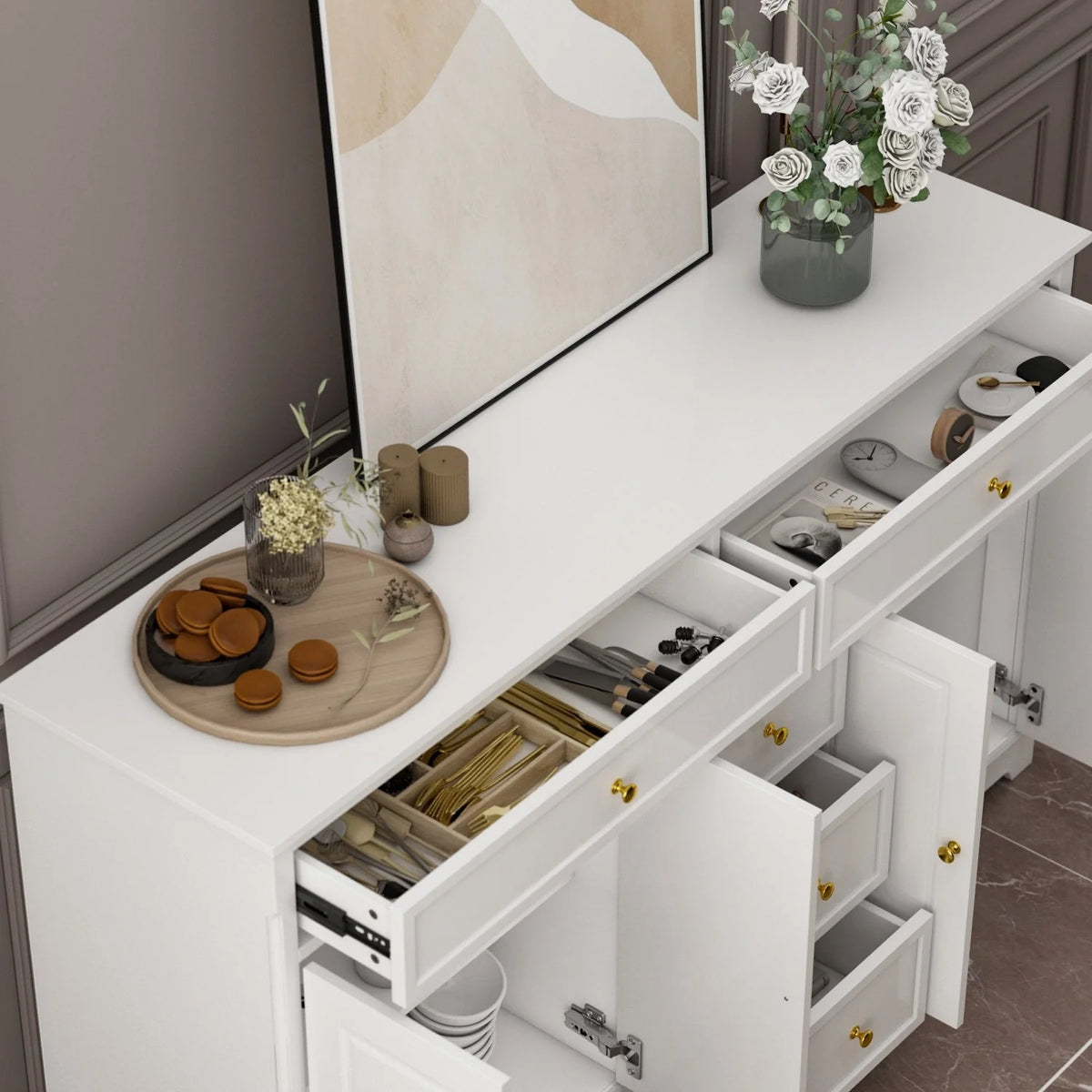 Credenza buffet bianca da 59.1'' in stile moderno di metà secolo, contemporanea e laccata