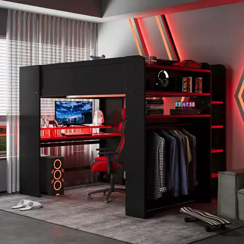 Luxystar Full Size Loft Bed With Lighted Adjustable Desk, Open Wardrobe and Bookcase