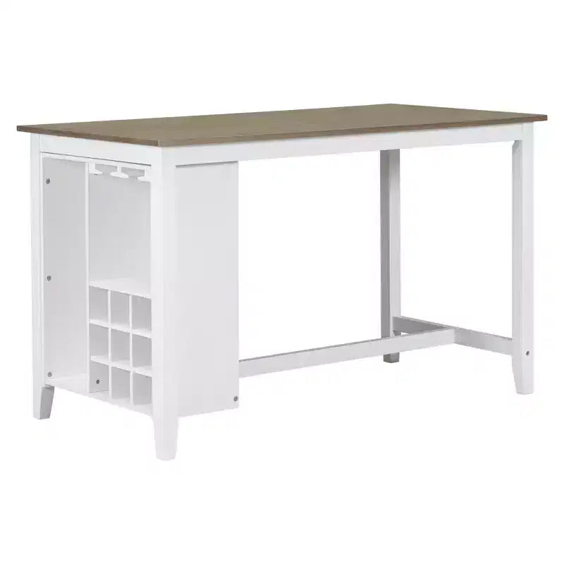 Ensemble de salle à manger de style maison de campagne 5 pièces, hauteur comptoir, avec chaises pour 4 personnes, table rectangulaire en bois avec étagères de rangement et compartiment pour bouteilles de vin