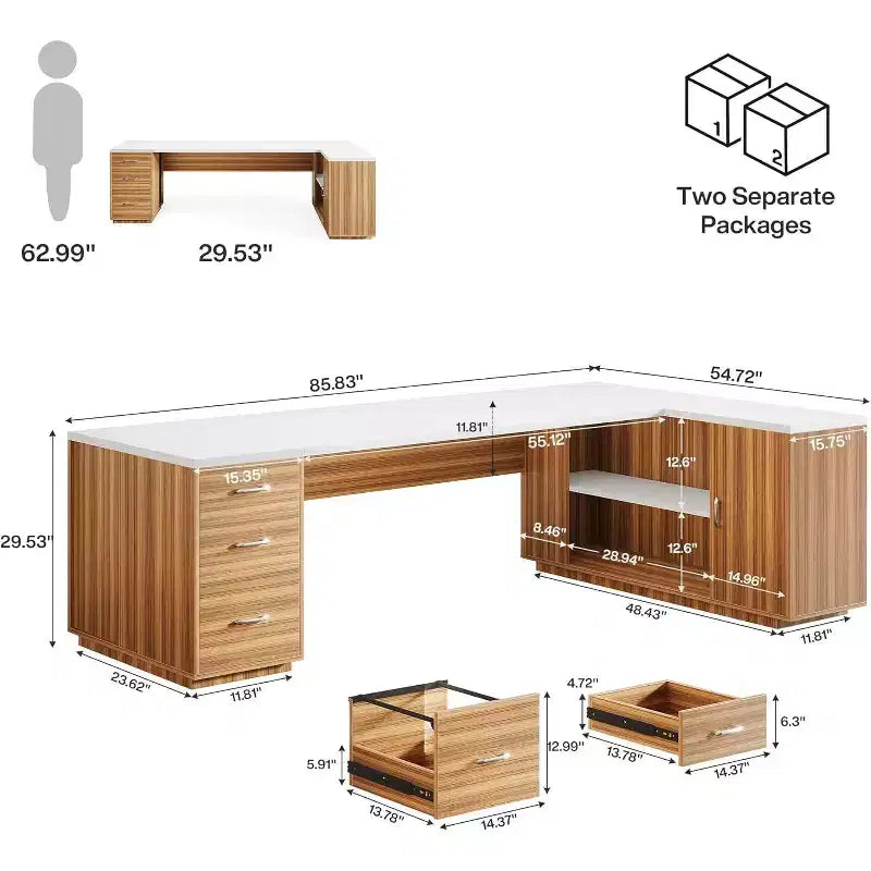 Lantine 85.8 L-Shaped Executive Desk, Extra Large Office Computer Desk with File Drawers for Home Office