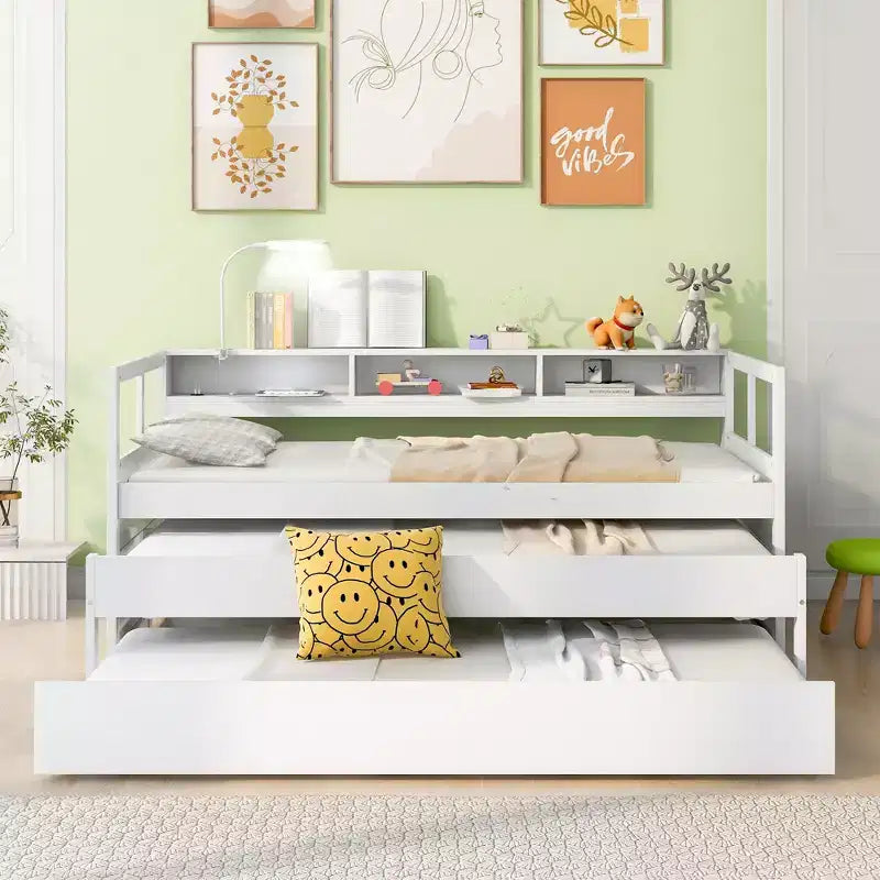 Whisen Twin XL Wood Daybed with 2 Trundles, 3 Storage Cubbies, 1 Light for Free and USB Charging Design