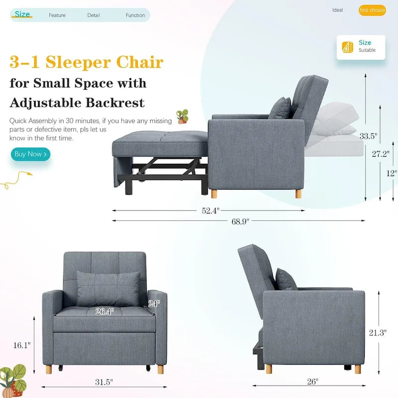 Sillón sofá cama 3 en 1 AECOJOY con almohada y respaldo convertible