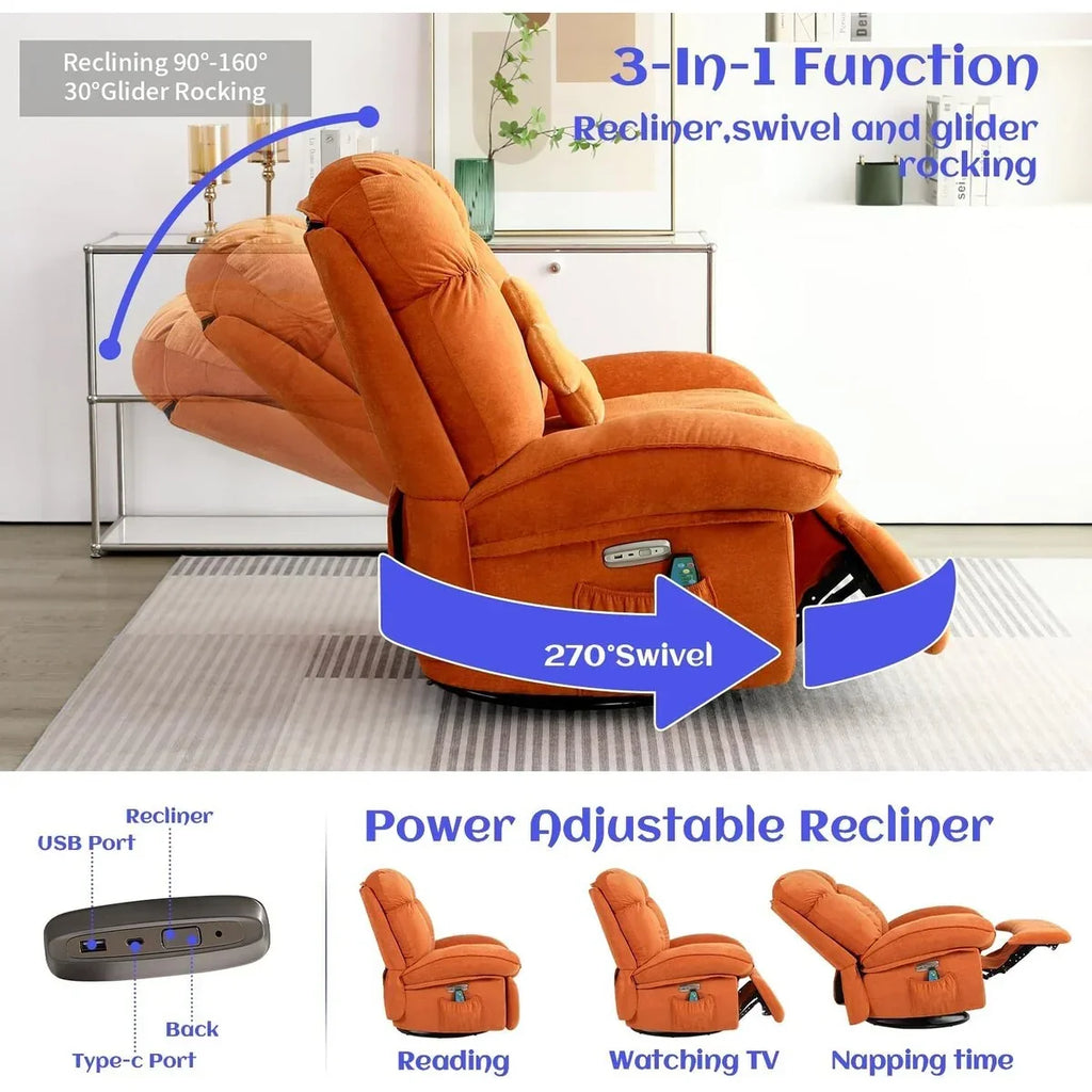 XINMICS draaibare elektrische relaxstoel, massagestoel met schommelstand, verwarming, USB, USB-C en zijvak