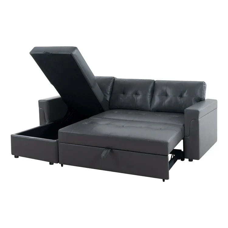 Divano componibile reversibile trasformabile con letto estraibile, chaise longue con contenitore nascosto e gambe resistenti