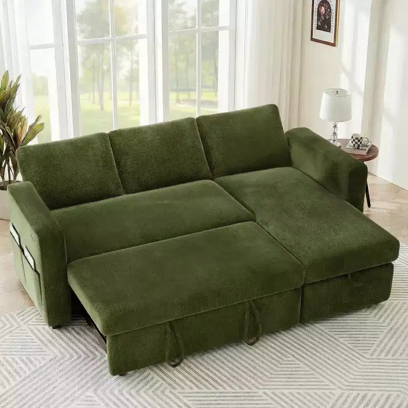 2-in-1 Pull Out Sleeper Sofa with Storage Chaise, Chenille Sectional Couch with USB Ports for Living Room