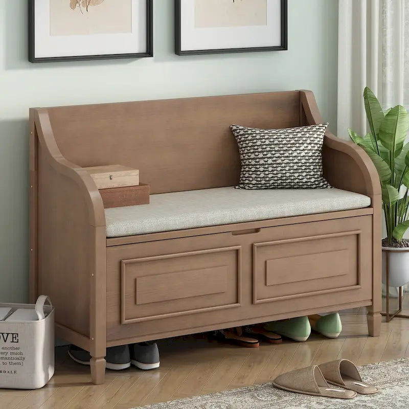 Rustic Solid Wood Entryway Storage Bench with Safety Hinge