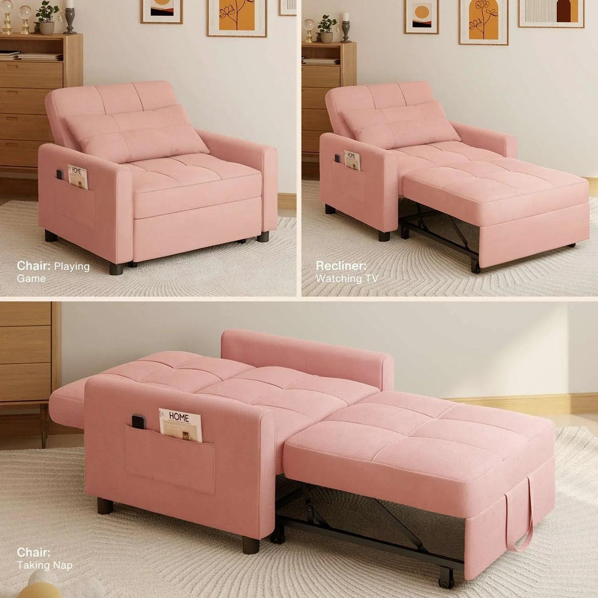 3-in-1-Schlafsofa mit verstellbarer Rückenlehne, ausziehbarer Sessel, umwandelbares Klappbett fürs Wohnzimmer