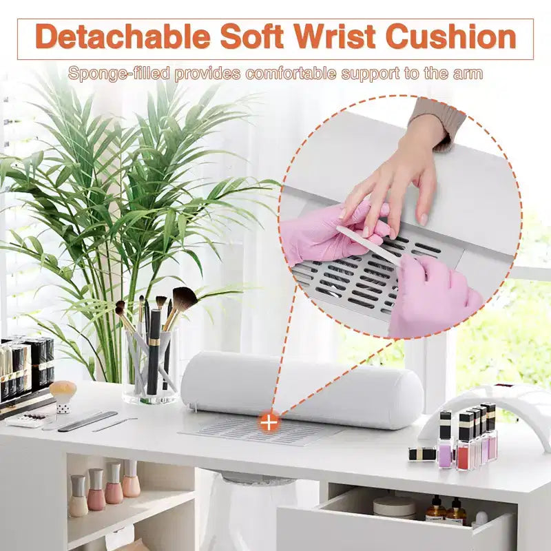 GustoWave 42.5 in Manicure Table Nail Station with Wrist Rest and Dust Collector, Nail Desk with Vertical Pull-Out Locker, White