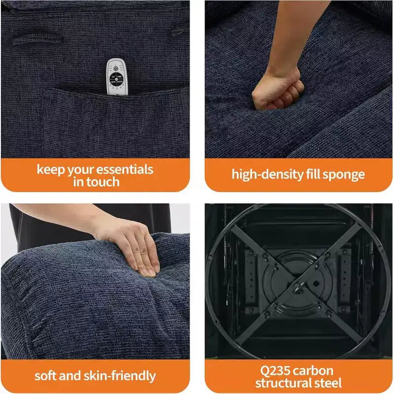 Massagesessel mit Wippfunktion und Wärme, um 360° drehbarer Gleitsessel für Erwachsene, Leinen-Sessel für das Kinderzimmer mit Seitentasche und zwei Getränkehaltern